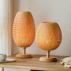                                                                                                          Home Landing Home lighting & LED Vintage Bamboo Table Lamps Chinese Style Handmade Wooden Desk Lamp for Living Room Bedroom Decoration Creative E27 Beside Lamp