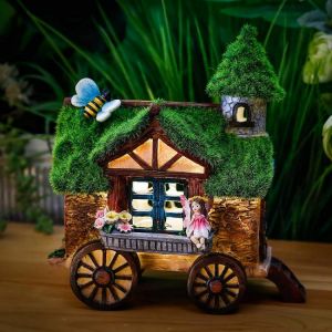 TERESA'S COLLECTIONS Solar Resin Sculpture Flocked Garden Figure Statue LED Light Miniature Ornament Outdoor Fairy House Decor