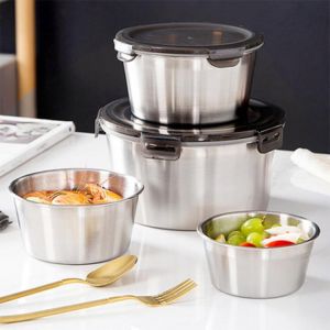 304 Stainless Steel Round Lunch Box With Lid Refrigerator Fresh Food Bento Box Bowl Sealed Food Storage Box Lunch Box Bowl