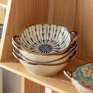                                                                                                          Home Landing Pots & Plates 7.5inch Japanese Household Noodle Bowl Ceramic Soup Bowl With Handle Salad Pasta Bowl Kitchen Tableware Microwave Oven Bakware