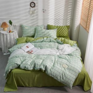                                                                                                          Home Landing Bedding, Sheets & Pillows 100% Cotton Green Plaid Duvet Cover 220x240 Fitted Sheet 4pcs Bedding Set Soft Quilt Cover Bedsheet Bedclothes Queen King Size
