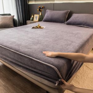 Plush Queen Fitted Sheet Elastic Thick Grey Soft Bed Sheets Non-slip Luxury Double Bed Pad Mattress Covers with Deep Pocket