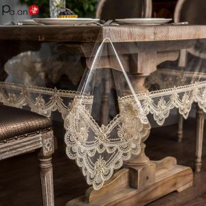 PVC Transparent Tablecloth with Golden Lace Waterproof Oil-proof Table Cover Coffee Table Crystal Plate Embroidered Table Cloth