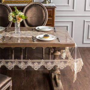                                                                                                          Home Landing Tablecloths & Rugs PVC Transparent Tablecloth with Golden Lace Waterproof Oil-proof Table Cover Coffee Table Crystal Plate Embroidered Table Cloth