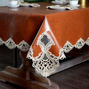 PU Leather Waterproof Tablecloth Rectangular Lace Table Runner Dining Square Table Cover Anti-stain Birthday Party Kitchen