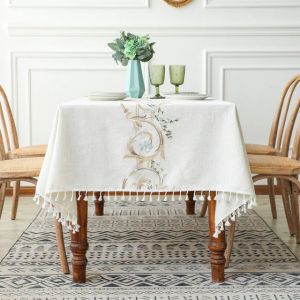                                                                                                          Home Landing Tablecloths & Rugs Luxury Upscale Tablecloth for Dinning Room Pink Peony Embroidery Cotton Linen Rectangular Table Cloth Tassel Napkin Party Decor