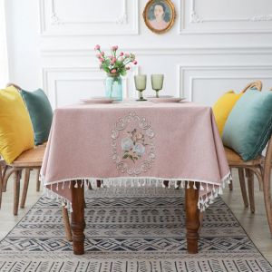                                                                                                          Home Landing Tablecloths & Rugs Luxury Upscale Tablecloth for Dinning Room Pink Peony Embroidery Cotton Linen Rectangular Table Cloth Tassel Napkin Party Decor