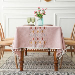                                                                                                          Home Landing Tablecloths & Rugs Luxury Upscale Tablecloth for Dinning Room Pink Peony Embroidery Cotton Linen Rectangular Table Cloth Tassel Napkin Party Decor