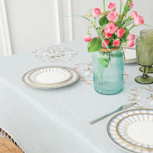                                                                                                          Home Landing Tablecloths & Rugs Luxury Upscale Tablecloth for Dinning Room Pink Peony Embroidery Cotton Linen Rectangular Table Cloth Tassel Napkin Party Decor