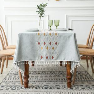                                                                                                          Home Landing Tablecloths & Rugs Luxury Upscale Tablecloth for Dinning Room Pink Peony Embroidery Cotton Linen Rectangular Table Cloth Tassel Napkin Party Decor