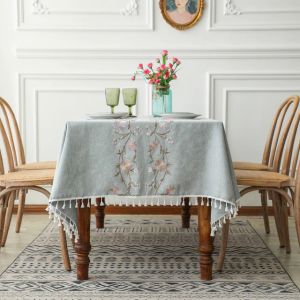                                                                                                         Home Landing Tablecloths & Rugs Luxury Upscale Tablecloth for Dinning Room Pink Peony Embroidery Cotton Linen Rectangular Table Cloth Tassel Napkin Party Decor