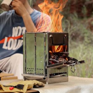 Mini Outdoor Firewood Stove Portable Camping Picnic BBQ Travel Folding Stainless Steel Wood Stove Charcoal Cooking Grill