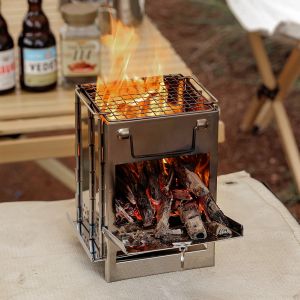                                                                                                          Home Landing Kitchen products Mini Outdoor Firewood Stove Portable Camping Picnic BBQ Travel Folding Stainless Steel Wood Stove Charcoal Cooking Grill