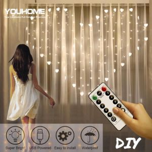 2x1.5m Heart LED Curtain string US EU Plug Remote Control Fairy Light garland Bedroom Wedding Home Decorative Holiday Lights