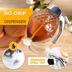                                                                                                          Home Landing Kitchen products Honey Syrup Dispenser No Drip Glass Maple Honey Pot Glass Comb Shaped Jar for Sugar Sauces Condiments Containers Pourer Holder