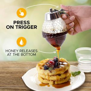                                                                                                          Home Landing Kitchen products Honey Syrup Dispenser No Drip Glass Maple Honey Pot Glass Comb Shaped Jar for Sugar Sauces Condiments Containers Pourer Holder
