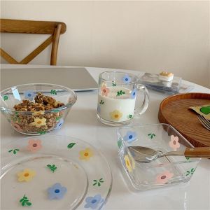                                                                                                          Home Landing Pots & Plates Korean Style Fresh and Lovely Flower Glass Bowl Breakfast Cereal Salad Bowl Glass Cup Heat Resistant Flower Plate