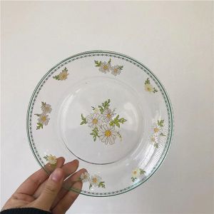                                                                                                          Home Landing Pots & Plates Korean Style Cute Retro Graffiti Love Tulip Glass Plate Afternoon Tea Dessert Dessert Plate Fruit Salad Plate Pasta Steak Dinner