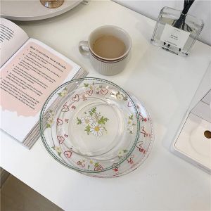                                                                                                          Home Landing Pots & Plates Korean Style Cute Retro Graffiti Love Tulip Glass Plate Afternoon Tea Dessert Dessert Plate Fruit Salad Plate Pasta Steak Dinner