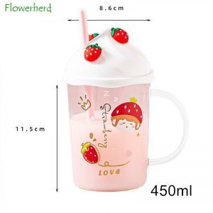                                                                                                          Home Landing Kitchen products 450ml Girly Heart Cute Strawberry Glass Milk Mug with Lid Straw Handle High Value Coffee Mug Tanabata Gift Water Cup Coffee Cup