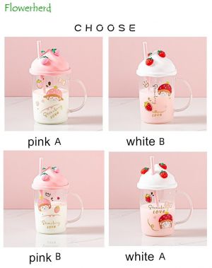                                                                                                          Home Landing Kitchen products 450ml Girly Heart Cute Strawberry Glass Milk Mug with Lid Straw Handle High Value Coffee Mug Tanabata Gift Water Cup Coffee Cup