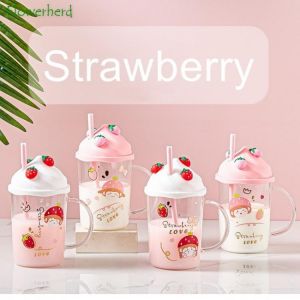                                                                                                          Home Landing Kitchen products 450ml Girly Heart Cute Strawberry Glass Milk Mug with Lid Straw Handle High Value Coffee Mug Tanabata Gift Water Cup Coffee Cup