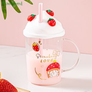                                                                                                          Home Landing Kitchen products 450ml Girly Heart Cute Strawberry Glass Milk Mug with Lid Straw Handle High Value Coffee Mug Tanabata Gift Water Cup Coffee Cup