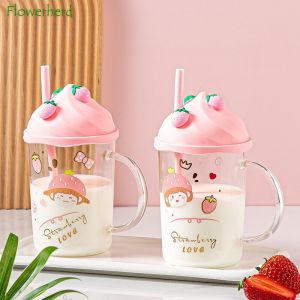                                                                                                          Home Landing Kitchen products 450ml Girly Heart Cute Strawberry Glass Milk Mug with Lid Straw Handle High Value Coffee Mug Tanabata Gift Water Cup Coffee Cup