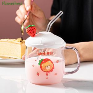 Strawberry Animal Glass Water Cup with Lid Straw Spoon Cartoon Coffee Mug Milk Mug Office Home Afternoon Tea Mug Coffee Cup