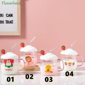                                                                                                          Home Landing Kitchen products Strawberry Animal Glass Water Cup with Lid Straw Spoon Cartoon Coffee Mug Milk Mug Office Home Afternoon Tea Mug Coffee Cup