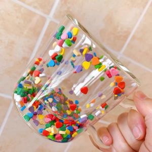                                                                                                          Home Landing Kitchen products Holaroom Multicolor Heart Shaped Quicksand Cup Creative Double Layer Glass Cup Coffee Mug Milk Tea Juice Water Glass Drinkware