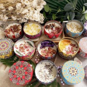 1pc Nordic Tea Candle Decorative Natural Material Scented Candles With Iron Can Tea Candle Holder Dried Flower Scented Candle