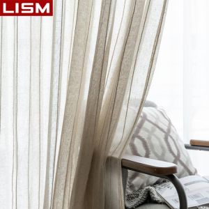 LISM Flax Linen Textured Sheer Curtains Japanese Style Stripe Window Sheers Living Room Kitchen Decoration Light Filtering Drape